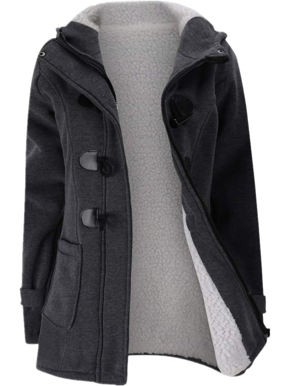 Womens Black Spread Collar Horn Button Fleece Zip Front Pockets Military Coat